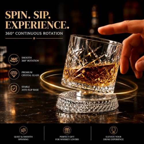 Clear Rotating Whiskey Glasses Set of 2 - 360° Crystal Bourbon Tumblers with Wooden Gift Box