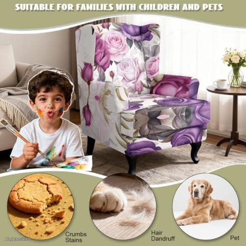 Purple Rose Wingback Chair Cover with Matching Ottoman Cover - Stretch Fabric