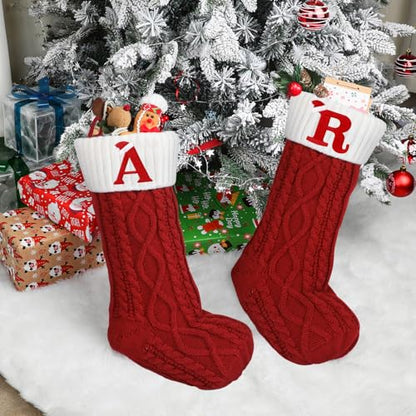 DIYASY Christmas Knitted Stockings with Letters - 20 Inch Large Holiday Stocking with Embroidered Alphabet - Red Xmas Gift Stocking for Christmas Decorations (Letter a)