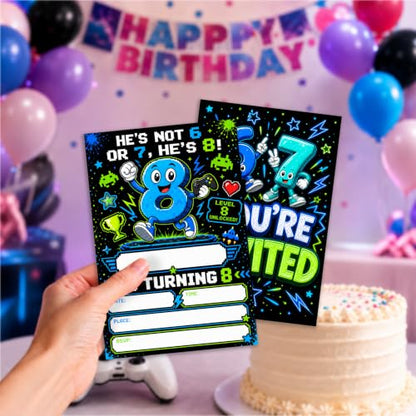 8th Boys Birthday Invitations Blue Party Invitations Gamer Teal Set
