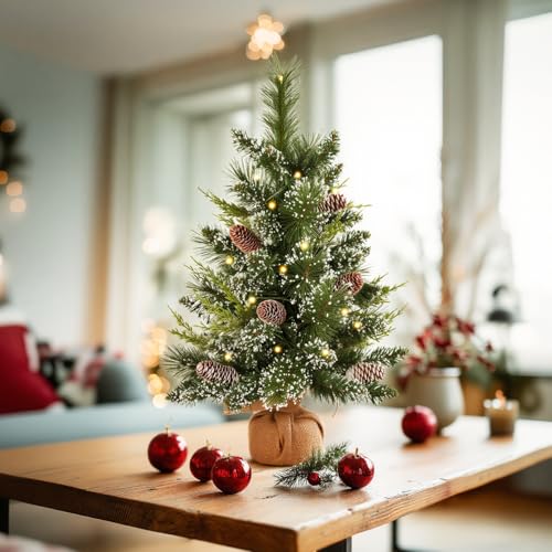Mini Artificial Christmas Tree 2ft with LED Lights and Pine Cones, Tabletop Decor