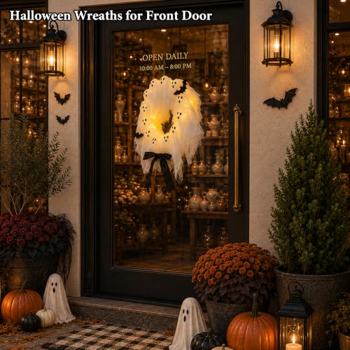 Lighted Halloween Ghost Wreath for Front Door with Timer & 8 Modes