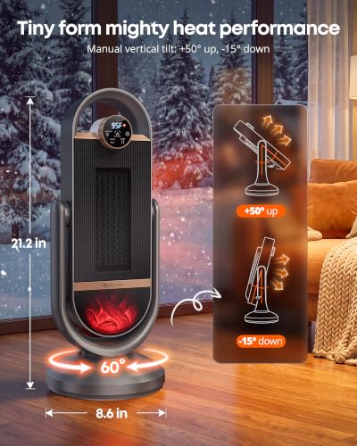 Dark Gray 21.6in Space Heater with 1500W Graphene PTC, 3D Flame Effect, Oscillation, Remote, Timer