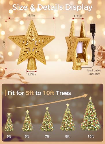 Christmas Tree Topper with Snowflake Projector Light, Gold - Universal Fit