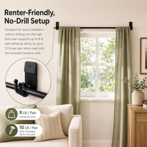 Black Self Adhesive Curtain Rod Brackets 8 Pack for 0.55-0.78 inch Rods
