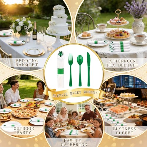 50 Pack Green Plastic Silverware Set with Napkins - Pre-Rolled Disposable Utensils