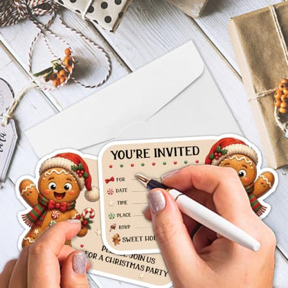 Christmas Party Invitations Set with Gingerbread Man Shaped Cards, Envelopes & Stickers
