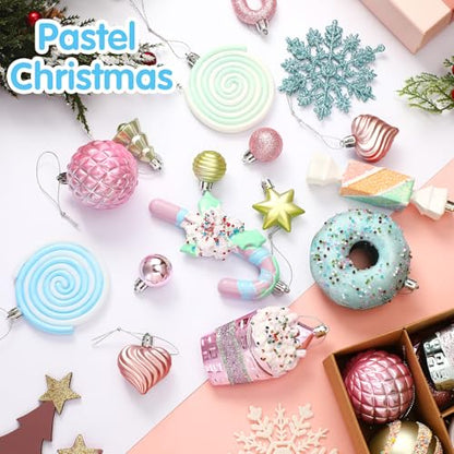 Pastel Christmas Tree Ornaments Set with Candyland Decorations - 82 Pieces