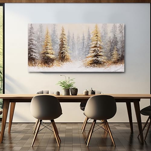 Vintage Wall Art Canvas 58x29 Inches Christmas Tree Landscape Abstract Gold Frame - Yellow White