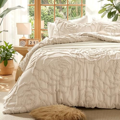 Khaki Tufted Rose Comforter Set Queen - Boho Rustic All-Season Bedding