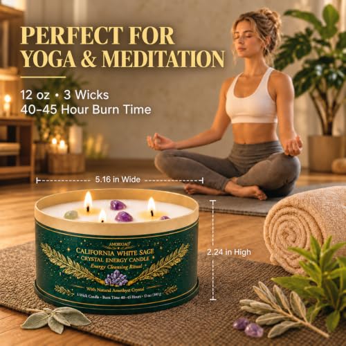 White Sage Candle with Crystals - 12 oz 3-Wick Soy Aromatherapy Candle - Variation: White Sage 1 Pack