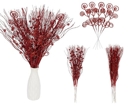 20PCS Red Glitter Artificial Curly Berry Stems Christmas Ornaments for Wreath & Tree Decor