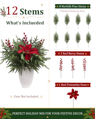 12Pcs Christmas Norfolk Pine Stems with Red Berries & Poinsettia Decorative Branches