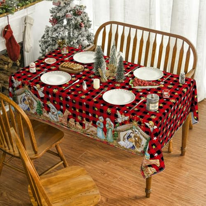 Horaldaily Christmas Tablecloth 60 x 120 Inch Rectangular Red – Nativity Pattern