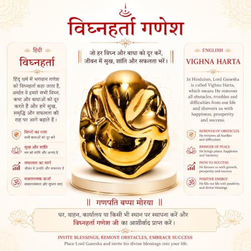 Ganesha Idol for Car Dashboard - Small Hindu God Statue, Gg Golden