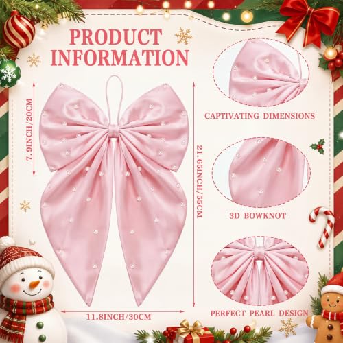 Pink Pearl Bow Christmas Tree Topper - 22 x 12 Inch Satin Holiday Decor