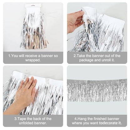 Silver Fringe Garland Banner 3 Pack 30ft Wall Tinsel Streamers for Party Decor