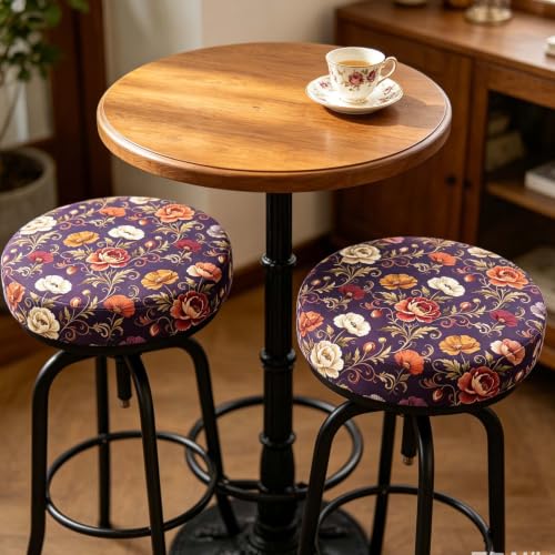 Flower Cluster Pattern Stool Cover Set - Elastic Round Seat Slipcovers for 13.8-15.7 Inch Chairs