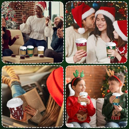 Christmas Paper Cups with Lids & Sleeves - Santa 12 oz Holiday Drinkware