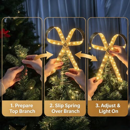 Gold Glitter LED Christmas Tree Topper Bow with 8 Light Modes, Waterproof