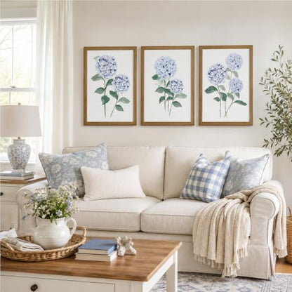 Framed Blue Hydrangea Wall Art Set - Botanical Floral Canvas Decor