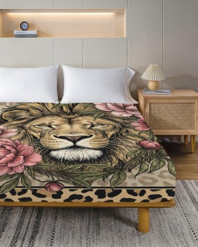 Queen Size Flat Sheet with Lion Print Microfiber Bed Sheets - Rose, Camel, Emerald, Peony / Queen