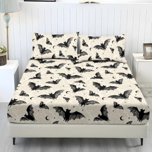 Halloween Bat Bed Sheets Set Queen Size - Bat Fitted Sheet & Pillowcases - Beige