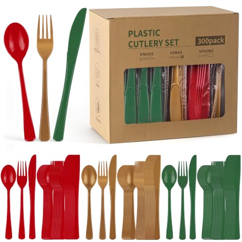 Christmas Plastic Silverware Set 300pcs Full Size Disposable Cutlery - Red Green Gold