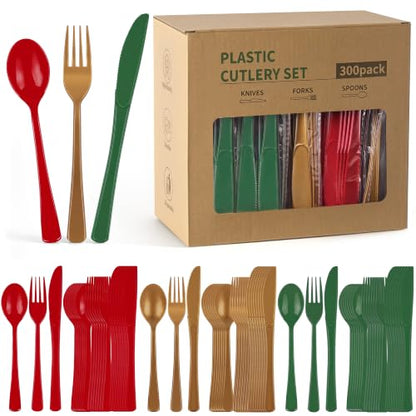 Christmas Plastic Silverware Set 300pcs Full Size Disposable Cutlery - Red Green Gold
