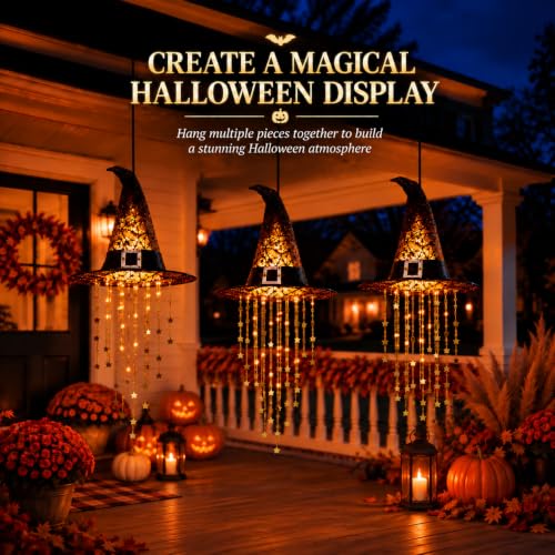 Halloween Hanging Witch Hat with Lights - Black 1PC with Cascading Star Tassels