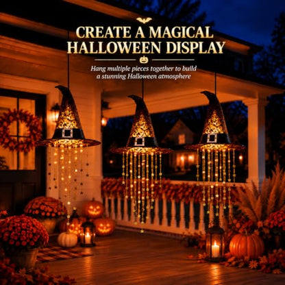 Halloween Hanging Witch Hat with Lights - Black 1PC with Cascading Star Tassels