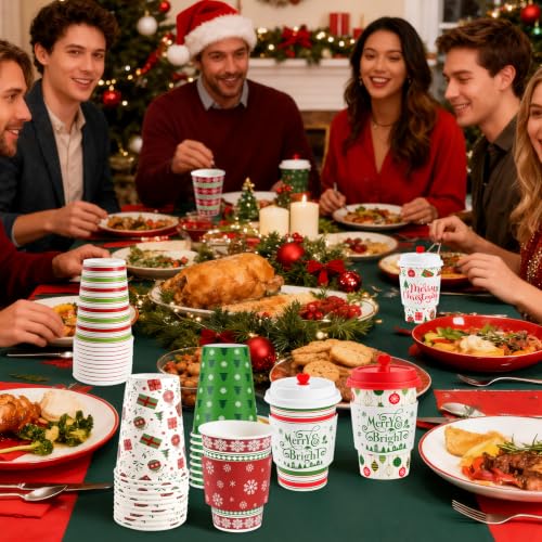 Red Green Christmas Hot Coffee Cups with Lids and Sleeves - 50 Pack, 12oz
