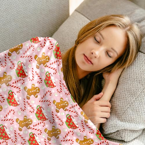Pink Christmas Fuzzy Blanket Gingerbread Man & Candy Cane Throw 50x60 Inches