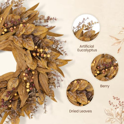 Fall Eucalyptus Wreath for Front Door - Autumn Decorations, Dried Leaf & Berry