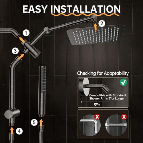 Veken All Metal 10" Brushed Gold Shower Head with Handheld, Luxurious Square Double Rain Shower Heads with Spray Combo, Dual High Pressure Detachable Rainfall Showerhead with Extension Arm, Long Hose