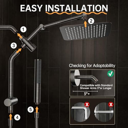 Veken All Metal 10" Brushed Gold Shower Head with Handheld, Luxurious Square Double Rain Shower Heads with Spray Combo, Dual High Pressure Detachable Rainfall Showerhead with Extension Arm, Long Hose
