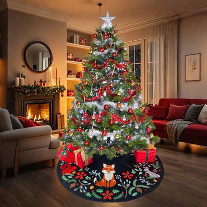 36 Inch Black Woodland Animals Christmas Tree Skirt - Reusable Holiday Decor