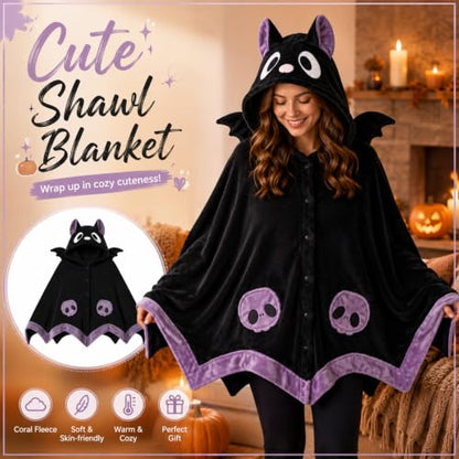 Women's Halloween Bat Blanket Hoodie - Cute Wearable Bat Cape for Adults