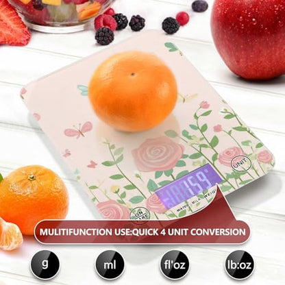 QwThum Food Scale Kitchen Digital Scale Food Ounces and Grams Dieting Baking Cooking Waterproof Glass Panels LCD Display,4 Units Scale Tare Function Pink Roses and Dragonfly Butterfly