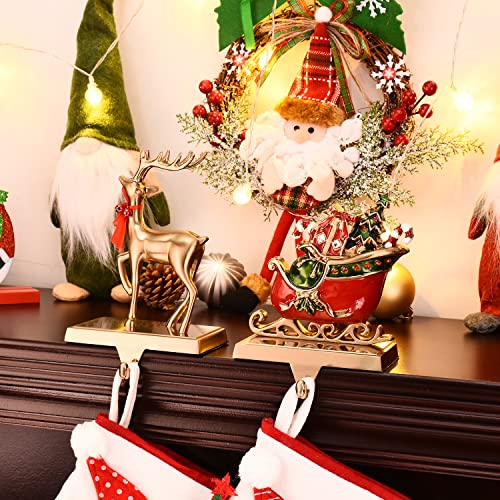 Antique Gold Reindeer Christmas Stocking Holder Set for Fireplace Mantle Decor
