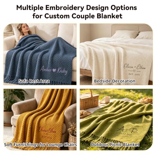 Personalized Couples Blanket with Embroidered Names & Date - Wedding Gift, Cozy Throw for Bed & Sofa