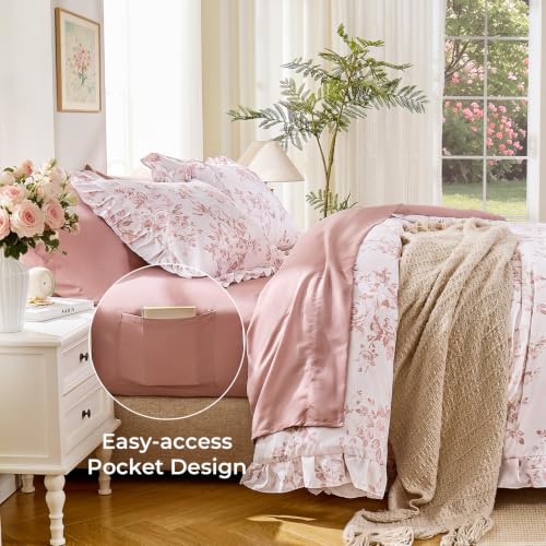 Pink Floral Twin Comforter Set with Ruffle Bedding - 7 Pieces