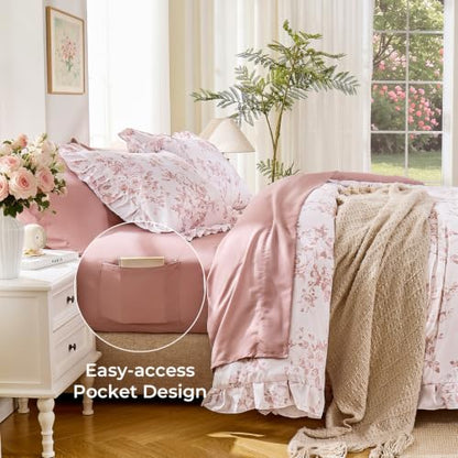 Pink Floral Twin Comforter Set with Ruffle Bedding - 7 Pieces