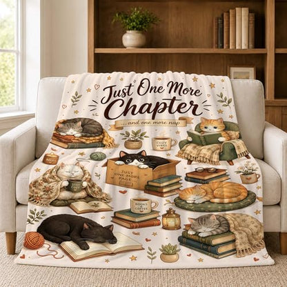 Book Lover Cat Flannel Blanket Reading Gift for Women Beige 80 x 60 inches