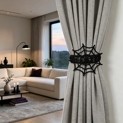 Halloween Spider Web Curtain Tiebacks - Black Gothic Drapes Decor, 2 Pack