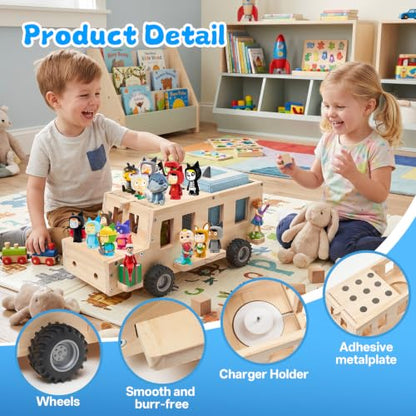 Kids Magnetic Bus Shelf Organizer for Tonies Box Storage - Natural Adhesive Metal Plate Included