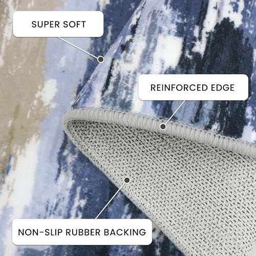 3' x 8' Abstract Washable Non-Slip Runner Rug for Hallway Navy / Blue / Taupe