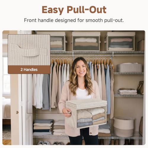 Large Fabric Storage Bins with Lids - Khaki & Beige Stripes, Collapsible Closet Organizers