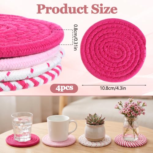 Pink Woven Fabric Coasters Set of 4 | Absorbent Drink Coasters for Desk