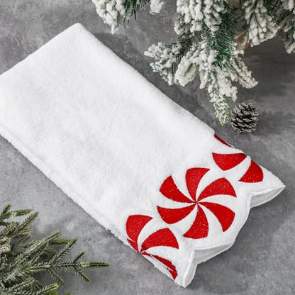 White Christmas Hand Towels Set of 2 - Embroidered Peppermint Candy, Scalloped Edges, 29.5 x 15.7 Inches